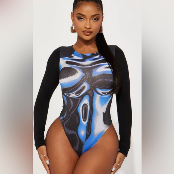 Fashion Nova Black and blue long sleeve bodysuit, NWT - Picture 1 of 6